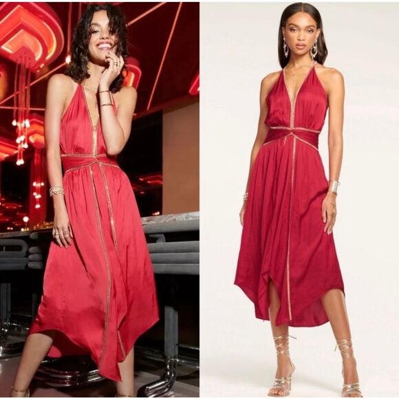 Ramy Brook Melanie Smocked Midi Dress Red Rouge Beaded NWT Size Small - Picture 1 of 5